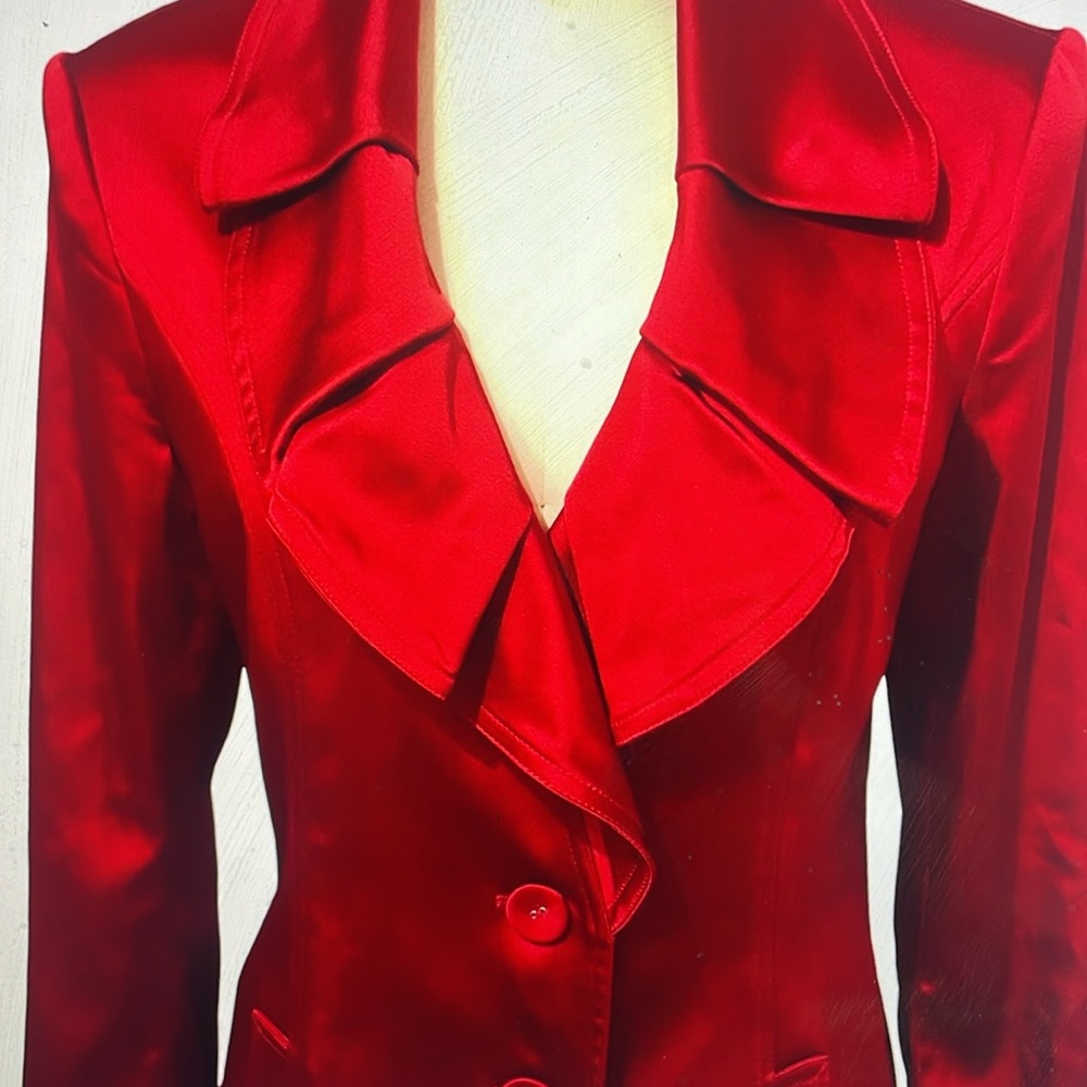 Cache Red heavy satin evening blazer with waist tie.  Beautiful shade of red! - Picture 8 of 8